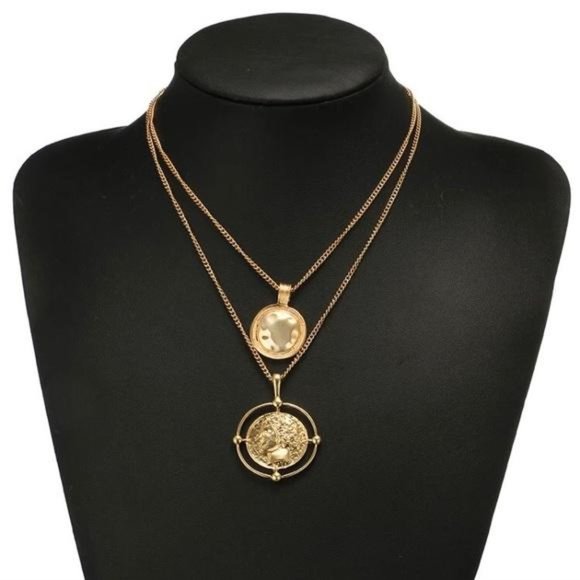 New 18K Gold Coin Pendant Double Chain Necklace - Picture 2 of 4